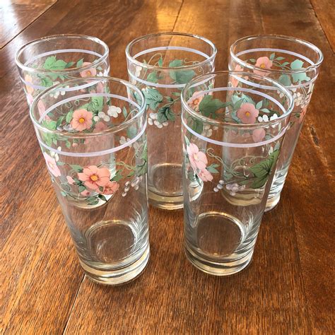 Set Of 5 Vintage Pink And Green Floral Drinking Glasses By Flamingovintageshop On Etsy