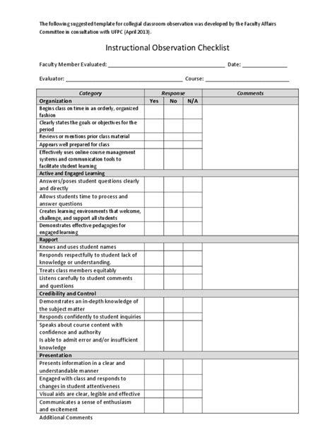 Lesson Plan Template For Teacher Observation Observation Checklist