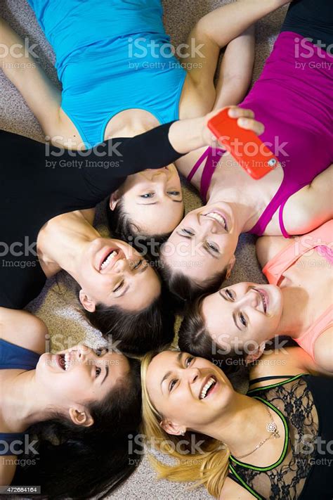 Group Of Happy Sporty Girlfriends Taking Selfie Selfportrait W Stock