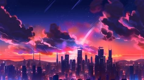 Premium Ai Image Anime City Skyline With A Bright Sky And Stars In