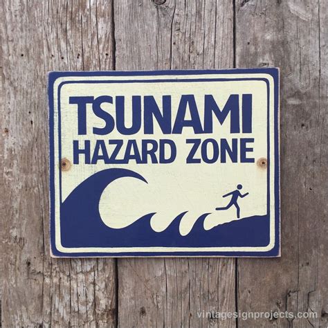 It monitors pacific ocean seismic activity. "Tsunami Hazard Zone" beach warning sign, in white on blue ...