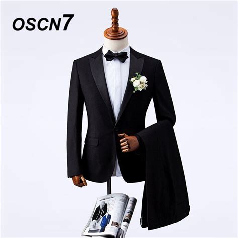 Oscn7 Black Wedding Tailor Made Suits Men Peak Lapel Party Mens Suits