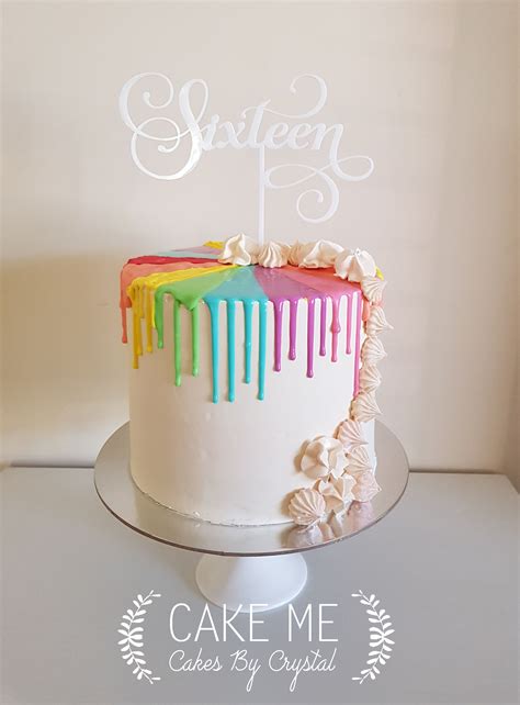 Rainbow Drip Cake With Meringue And A White Sixteen Topper 2nd Birthday
