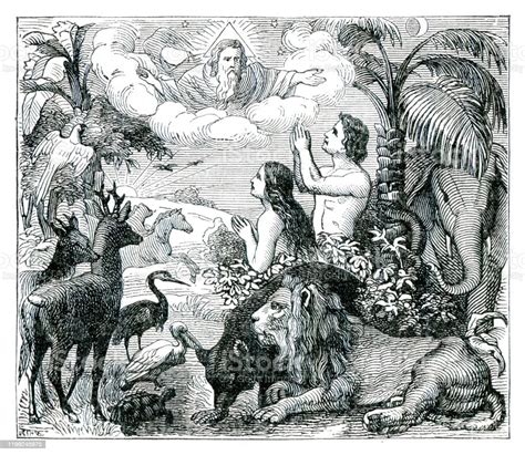 Adam And Eve In Eden Speaking To God Illustration Stock Illustration