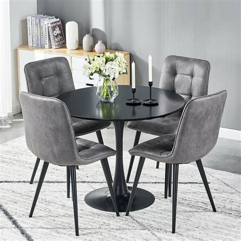 Small Round Dining Table And 4 Faux Suede Fabric Chairs Black Legs