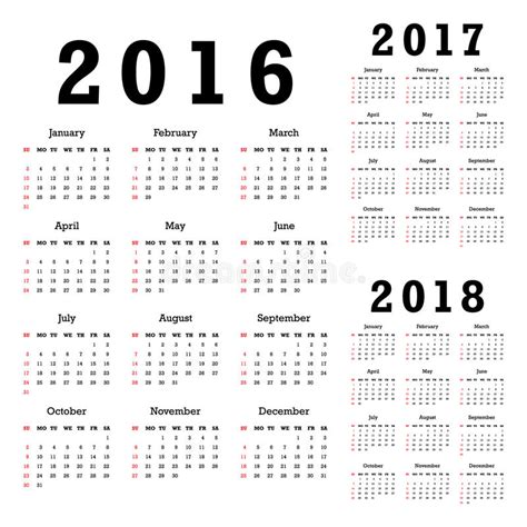 Calendario 2015 2016 2017 2018 2019 2020 Illustrazione Vettoriale