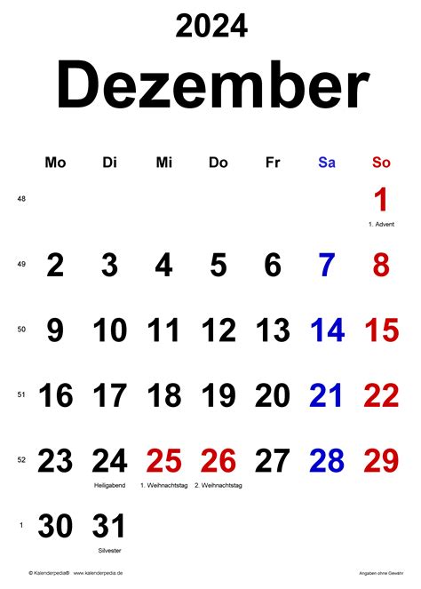 Kalender Dezember 2024 Als Pdf Vorlagen
