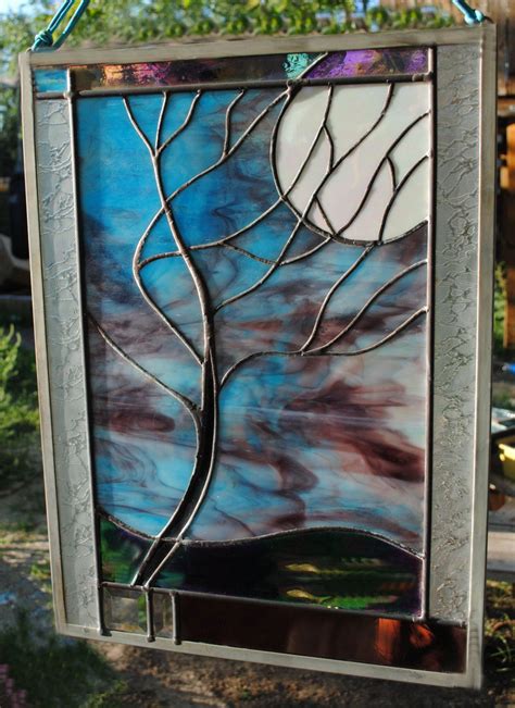 Stained Glass Window Panel Moonlit Tree Stormy Night Turquoise Purple Black Stained Glass Diy