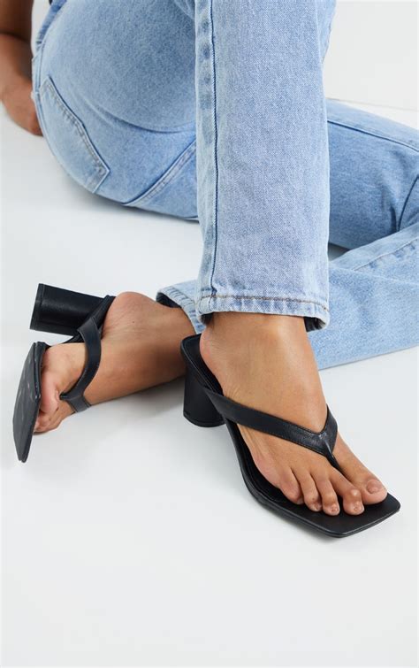 Black Toe Thong Mid Block Heel Sandals Prettylittlething Usa