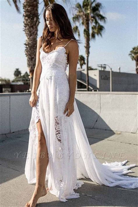 Browse all wedding dresses from debenhams or simply shop by colour or length. Sexy Spaghetti Straps Side Slit Chiffon Lace Beach Wedding ...