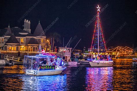 Nighttime Christmas Boat Parade In Huntington Beach Ca Stock Image