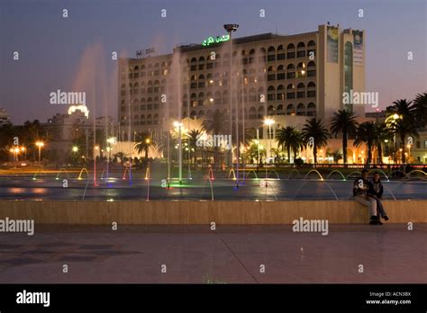 Tripoli Libya Grand Hotel Funduk Al Kabir And Fountain At Dusk