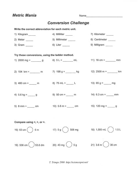 Metric System Conversions Worksheet Answers