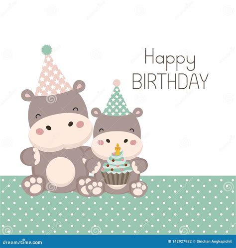 Happy Birthday Card With Cute Hippopotamus Cartoon Stock Vector