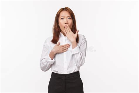 Portrait Of Speechless Shocked Asian Office Lady Woman Gasping Cover Mouth And Staring
