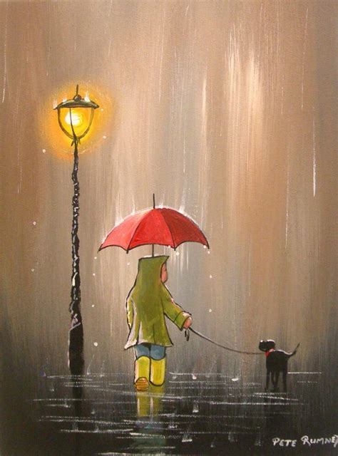Pete Rumney Art Original Canvas Painting Rainy Day Dog Walk Lamplight