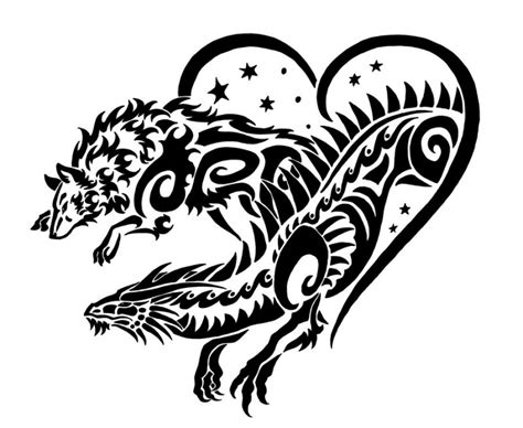 Tribal Dragon And Wolf Running Out Of Heart Tattoo Design