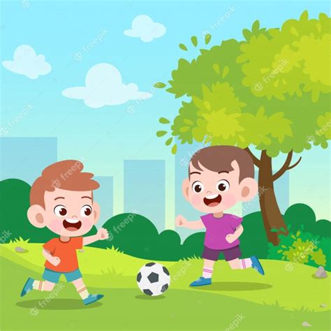 Premium Vector Kids Play Football In The Garden Vector Illustration
