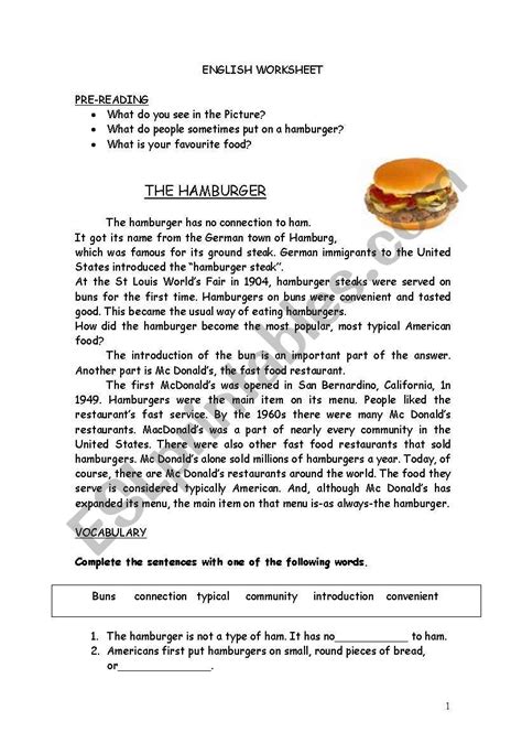 The Hamburger Esl Worksheet By Esimaoster