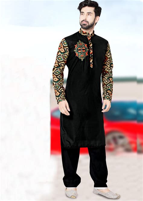 Black Embroidered Pathani Suit In Cotton Sale 183mw15