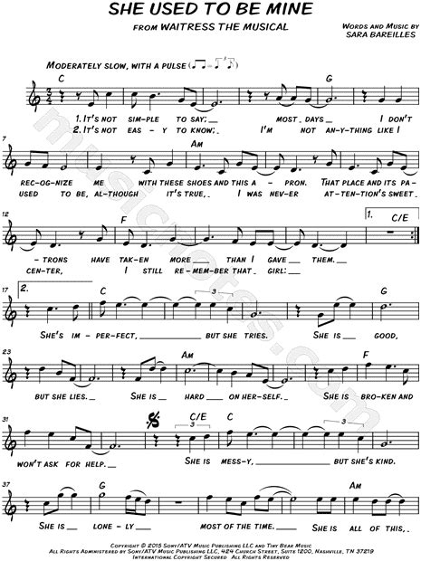 sara bareilles she used to be mine sheet music leadsheet in c major transposable