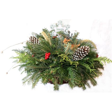 12 In Fresh Christmas Greenery Basket With Pinecones And Ornaments In