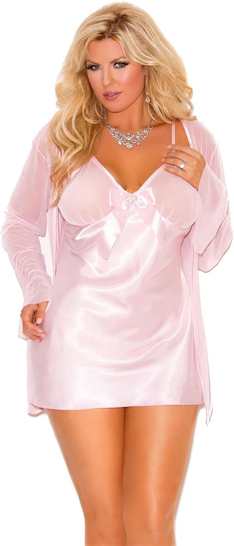 Elegant Moments Women S Plus Size Pink Satin Nightgown And Robe Set Clothing