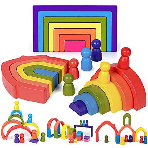 Atoylink 4 In 1 Wooden Rainbow Stacker Nesting Puzzle Blocks Stacking