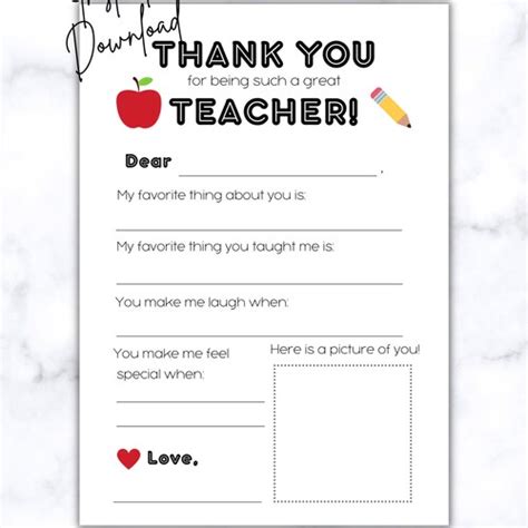 Teacher Appreciation Questionnaire Thank You For Being A Great Etsy
