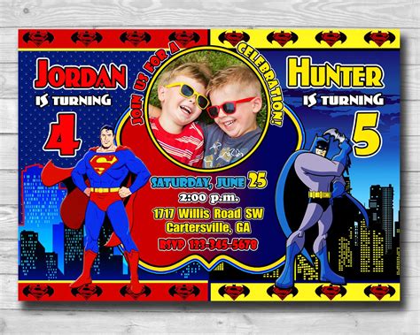 Batman And Superman Invitation Superhero Sibling Invitation Etsy