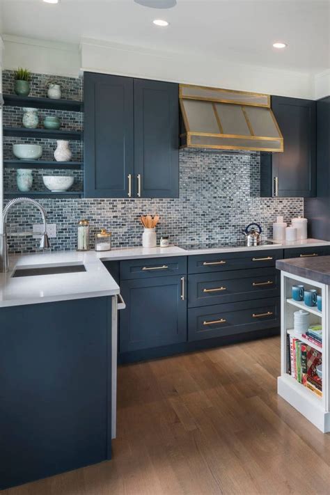 Blue Shaker Cabinetry White Quartz Countertops Multi Color Mosaic Tile