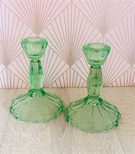 pair of uranium green glass candlestick holders vintage etsy glass candlestick holders