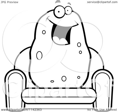 Cartoon Clipart Of A Black And White Happy Potato Sitting On A Couch