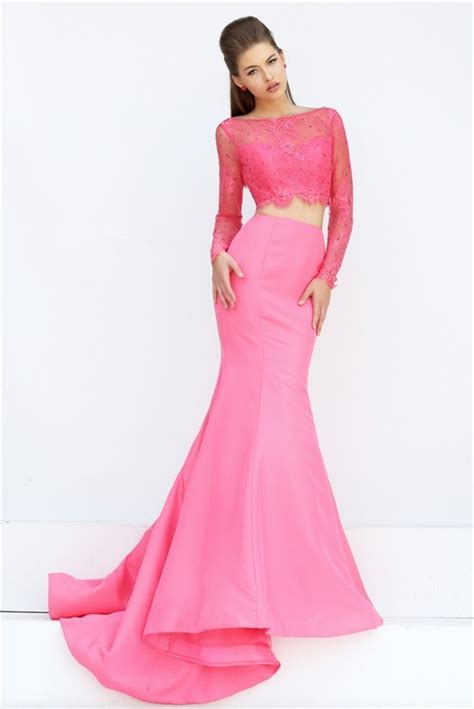 Fashion Mermaid Two Piece Long Sleeve Watermelon Lace Satin Prom Dress