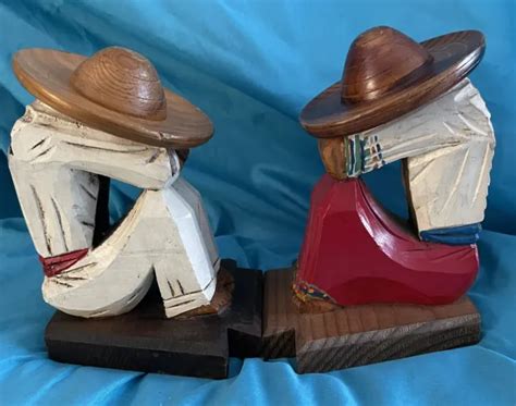 Vintage Hand Carved Wood Mexican Sombrero Book Ends Man And Woman 25