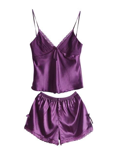 Unique Bargains Women Lace Silk Satin Camisole Shorts Pajama Nightwear Sets Purple Xl