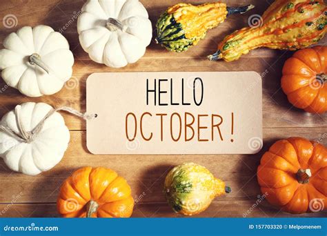 Hello October Message With Collection Of Pumpkins Stock Photo Image