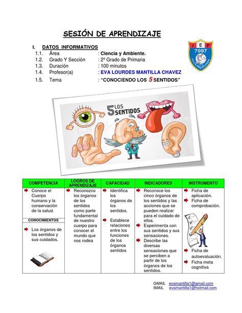 Sesion De Aprendizaje Conociendo Los 5 Sentidos Prof Eva L Mantilla