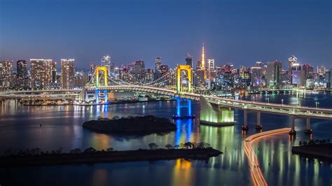 Tokyo Skyline With Tokyo Tower And Rainbow Bridge Japan Windows 10