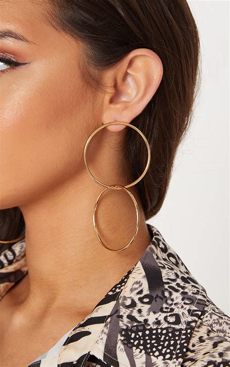 Gold Double Hoop Drop Earrings Accessories Prettylittlething Aus