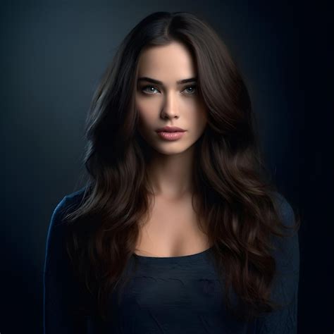 Premium Photo A Woman With Long Brown Hair And Blue Eyes Stands In Front Of A Dark Background