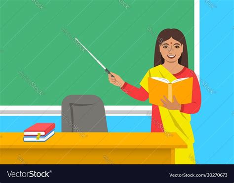Indian Woman Teacher In Sari Standing With Open Book And Pointer At The