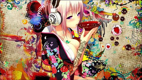 Chicas Anime Auriculares Colorido Pelo Corto Niña Japonesa Chicas