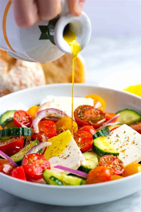 Using olive oil in your homemade salad dressing in place of vegetable oil is an easy way to increase your intake. Our Favorite Greek Salad
