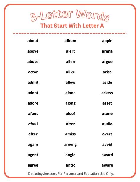 5 Letter Words That Start With A Printable List And Worksheets