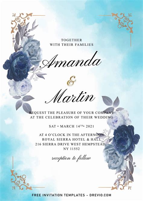 7 Dazzling Watercolor Blue Roses Wedding Invitation Templates