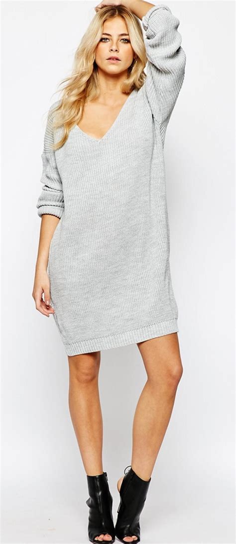 Acheter vos vêtements en ligne dans les meilleures boutiques. Robe pull grise col en V Boohoo