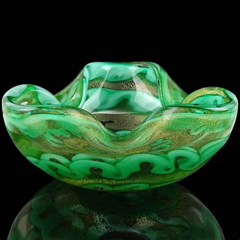 Barovier Toso Murano Vintage Green Gold Flecks Swirl Cloud Design Italian Art Glass Mid Century