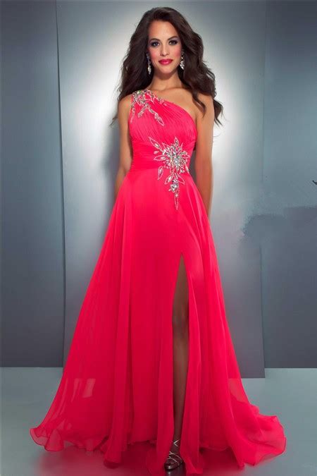 Sexy A Line One Shoulder Long Neon Red Chiffon Beaded Prom Dress With