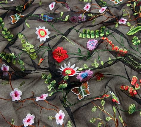 Heavy Embroidery Mesh Fabric Black Gray Sheer Chic Floral Etsy